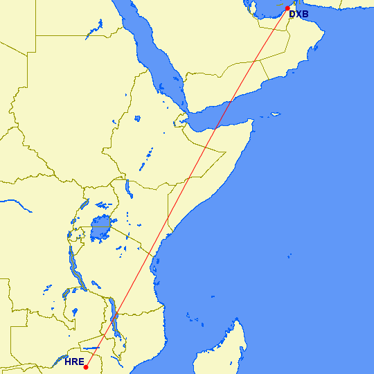 shortest flight path from Dubai to Harare (Zimbabwe)