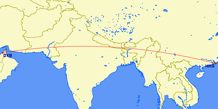 flight path from Dubai to Hong Kong (China)