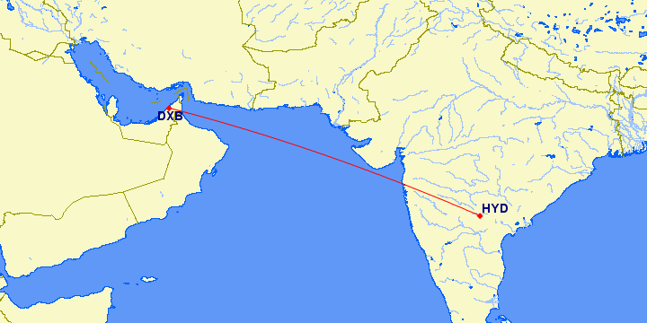 flight path from Dubai to Hyderabad (India)