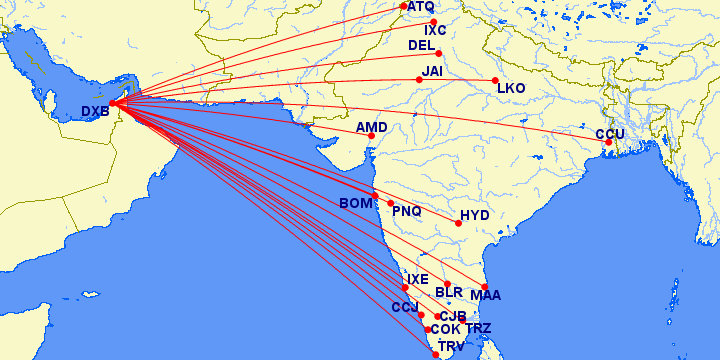 flight routes from Dubai to destinations in India