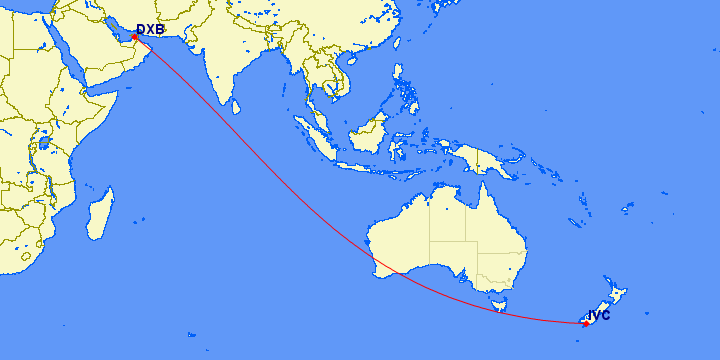shortest flight path from Dubai to Invercargill (New Zealand)