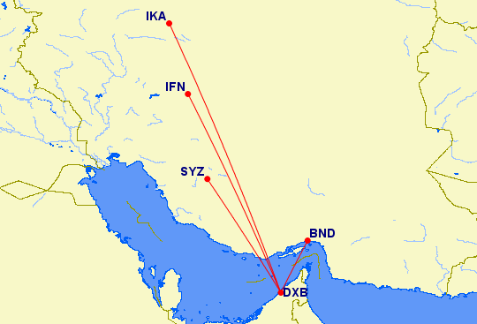 flight routes from Dubai to Iran