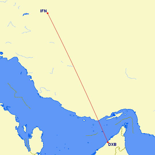 shortest flight path from Dubai to Isfahan (Iran)