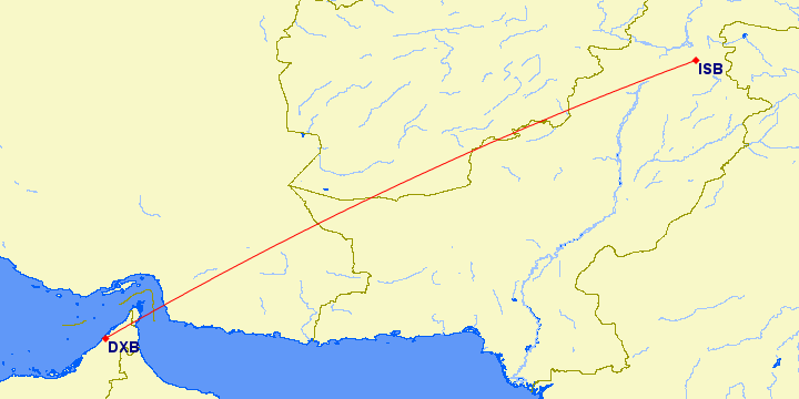 shortest flight path from Dubai to Islamabad (Pakistan)