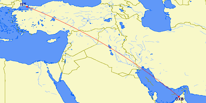 shortest flight path from Dubai to Istanbul (Turkey)