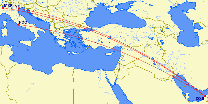 flight routes from Dubai to destinations in Italy
