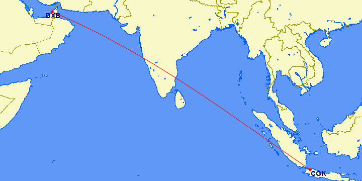 shortest flight path from Dubai to Jakarta (Indonesia)