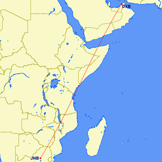 shortest flight path from Dubai to Johannesburg (SA)