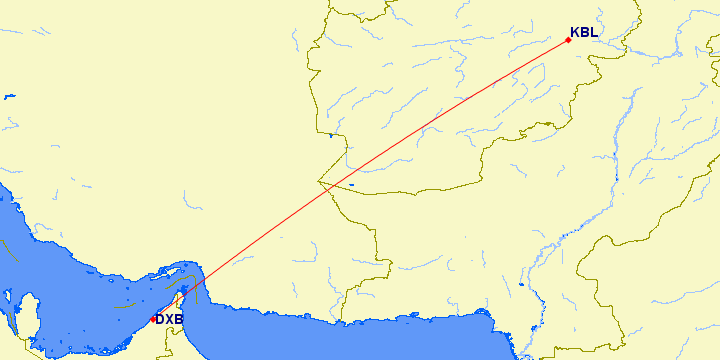 shortest flight path from Dubai to Kabul (Afghanistan)