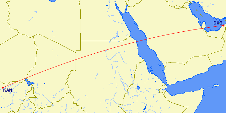 flight path from Dubai to Kano (Nigeria)