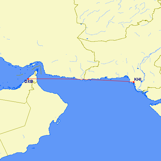 shortest flight path between Dubai and Karachi (Pakistan)