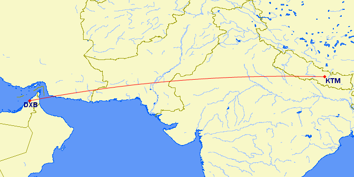 shortest flight path from Dubai to Kathmandu (Nepal)