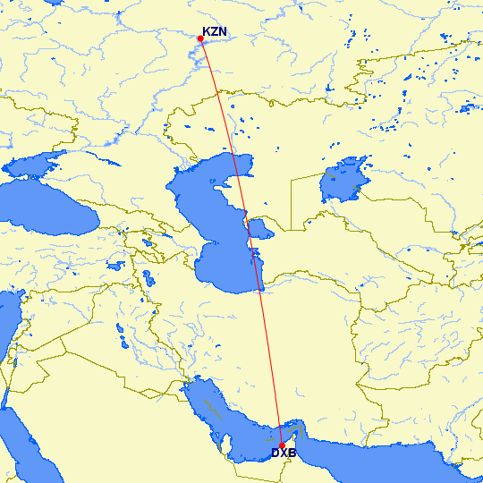 shortest flight path from Dubai to Kazan (Russia)