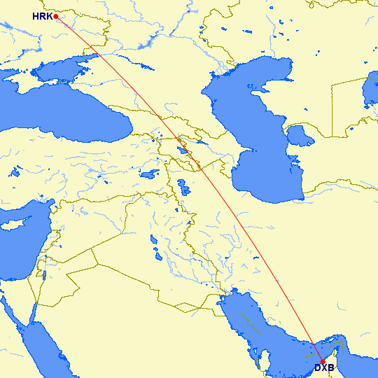 shortest flight path from Dubai to Kharkiv (Ukraine)