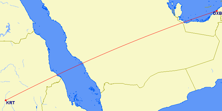 shortest flight path from Dubai to Khartoum (Sudan)