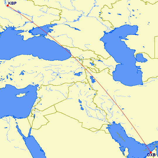 shortest flight path from Dubai to Kiev (Ukraine)