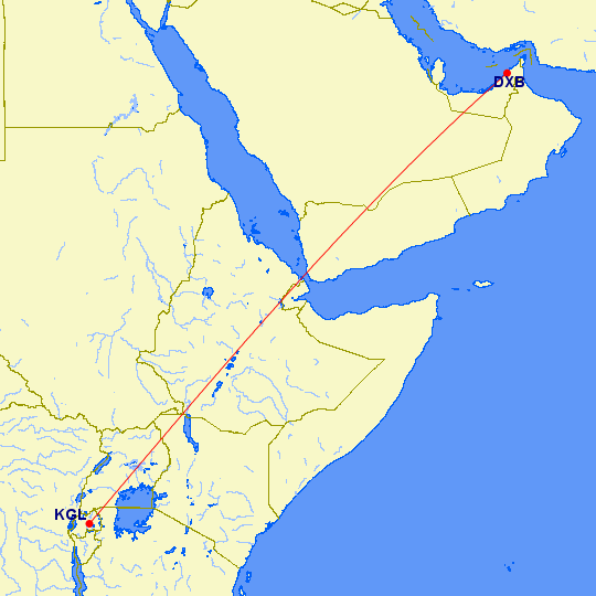 shortest flight path from Dubai to Kigali (Rwanda)