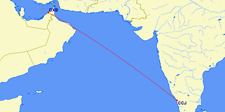 shortest flight path from Dubai to Kozhikode (Calicut, India)
