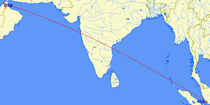 shortest flight path from Dubai to Kuala Lumpur (Malaysia)
