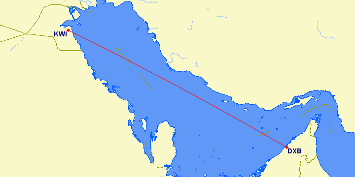 shortest flight path from Dubai to Kuwait City (Kuwait)
