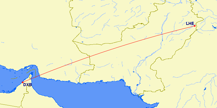 shortest flight path from Dubai to Lahore (Pakistan)