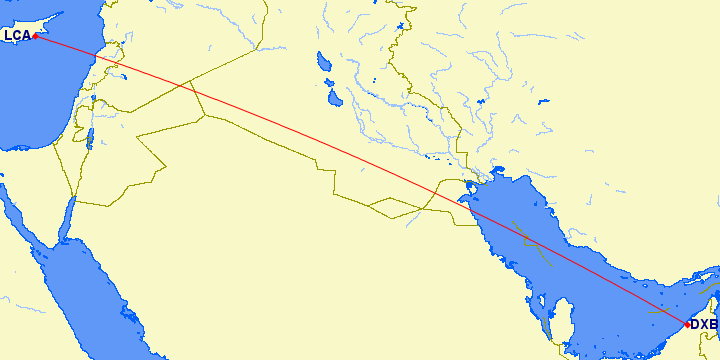 shortest flight path from Dubai to Larnaca (Cyprus)