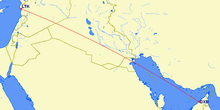 shortest flight path from Dubai to Latakia (Syria)
