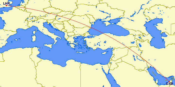 shortest flight path from Dubai to London (UK)