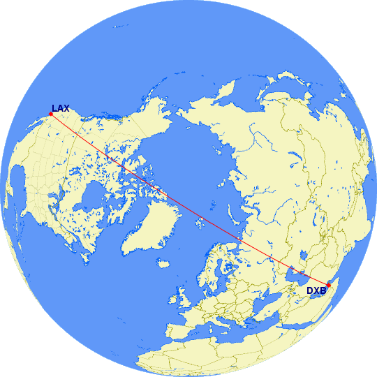 shortest flight path from Dubai to Los Angeles (USA)