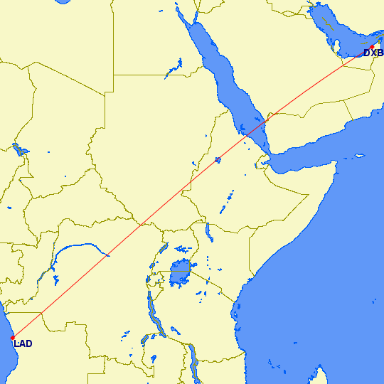 shortest flight path from Dubai to Luanda (Angola)