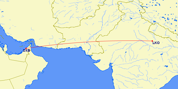 shortest flight path from Dubai to Lucknow (India)