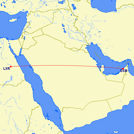 shortest flight path from Dubai to Luxor (Egypt)