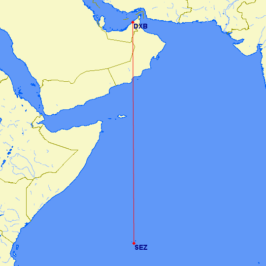 shortest flight path from Dubai to Mahe (Seychelles)