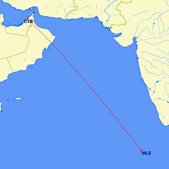shortest flight path from Dubai to Male (Maldives)