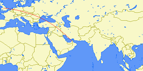 shortest flight path from Dubai to Manchester, UK