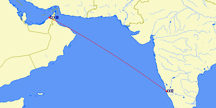 shortest flight path from Dubai to Mangalore (India)