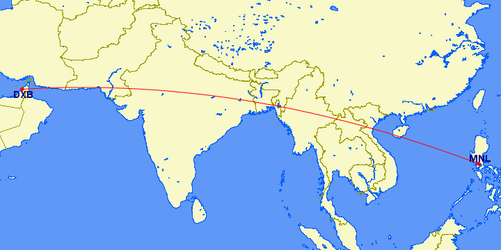 shortest flight path from Dubai to Manila (Philippines)