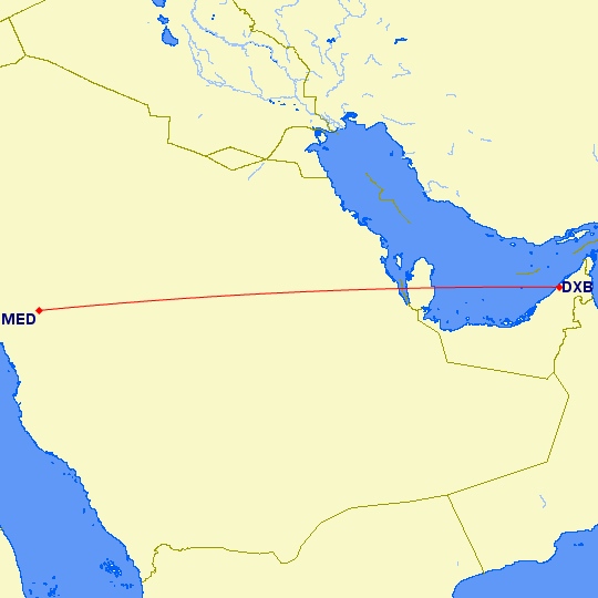shortest flight path from Dubai to Medina (Saudi Arabia)