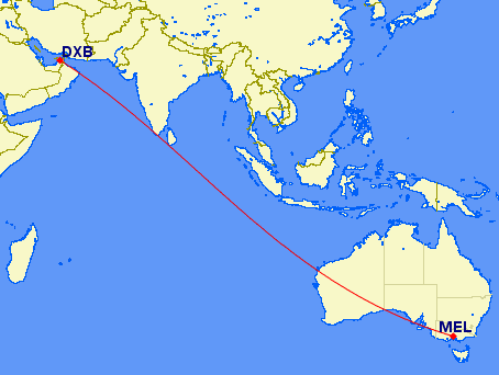 flight path from Dubai to Melbourne (Australia)