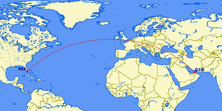 shortest flight path from Dubai to Miami (USA)
