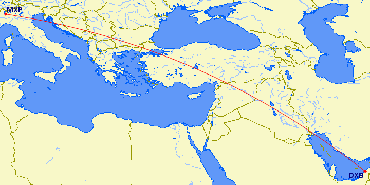 flight route from Dubai to Milan (Italy)