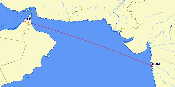 flight path from Dubai to Mumbai (Bombay, India)