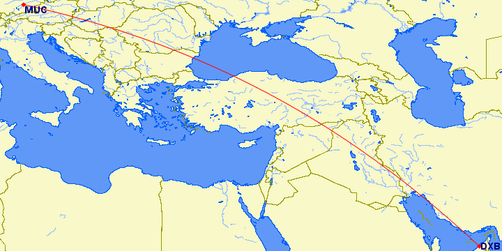 shortest flight path from Dubai to Munich (Germany)