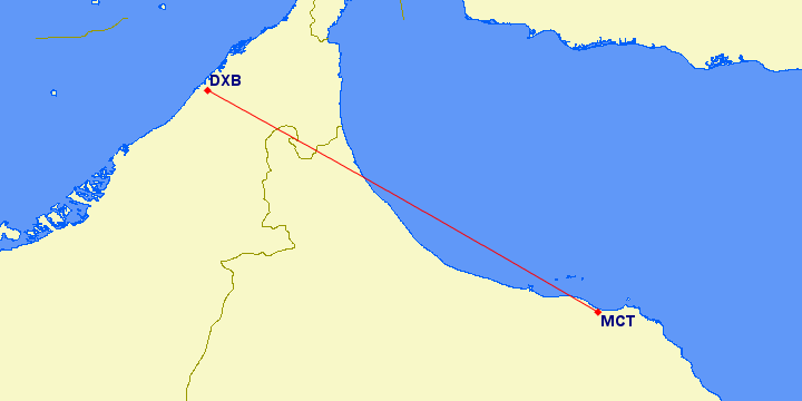 shortest flight path from Dubai to Muscat (Oman)
