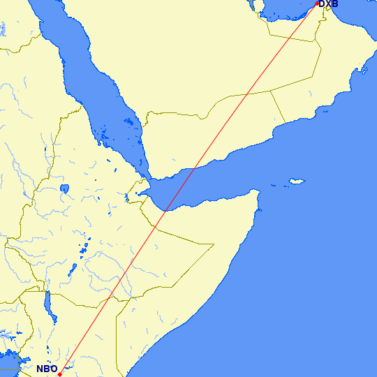 shortest flight path from Dubai to Nairobi (Kenya)