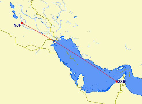 shortest flight path from Dubai to Najaf (Iraq)