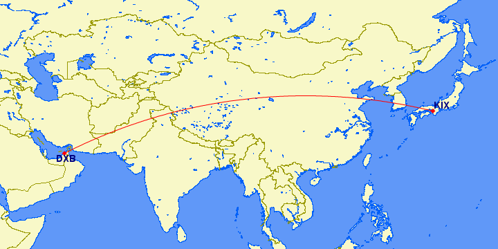 shortest flight path from Dubai to Osaka (Japan)