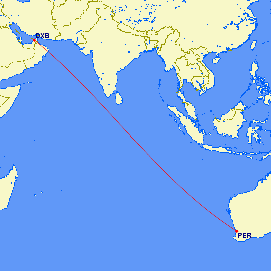 shortest flight path from Dubai to Perth (Australia)
