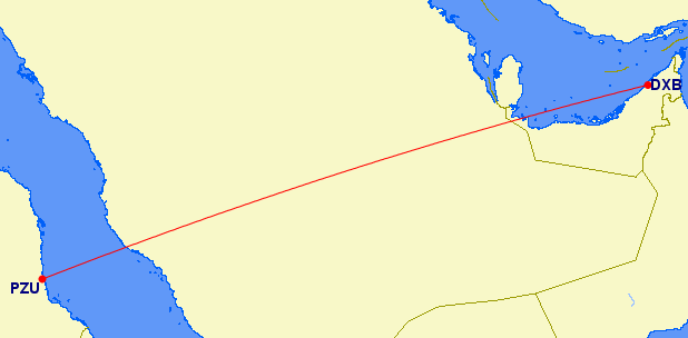 shortest flight path from Dubai to Port Sudan (Sudan)