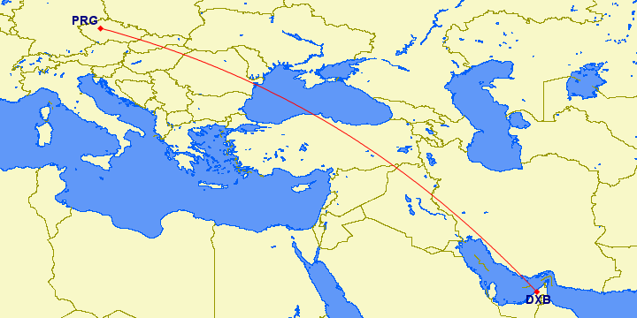 flight path from Dubai to Prague (Czech Republic)